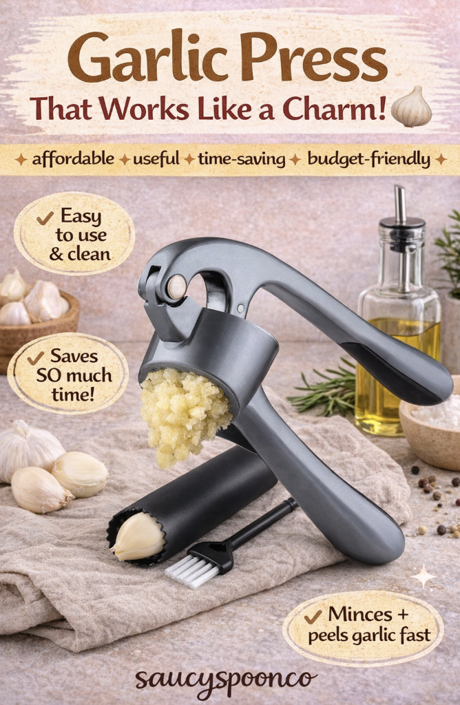 Garlic press kitchen tool that quickly minces fresh garlic, shown with garlic cloves and kitchen ingredients, highlighting an easy and time-saving cooking tool.