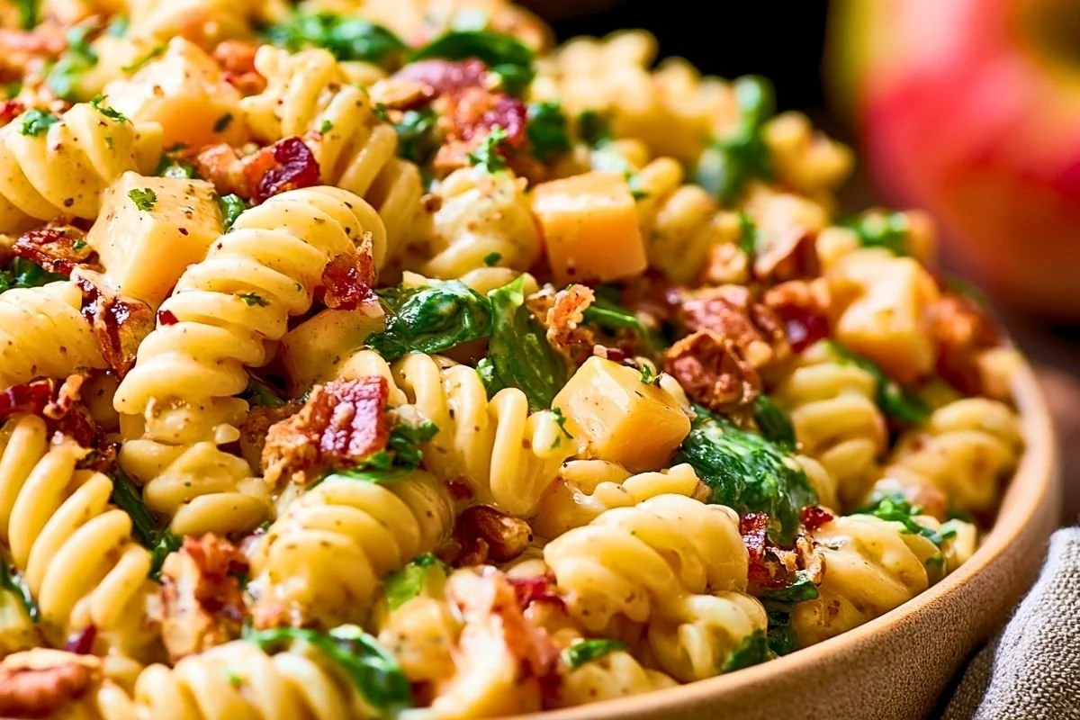 Bowl of fall pasta salad with apple, bacon, and smoked Gouda in a creamy cider mustard dressing next to a Honeycrisp apple