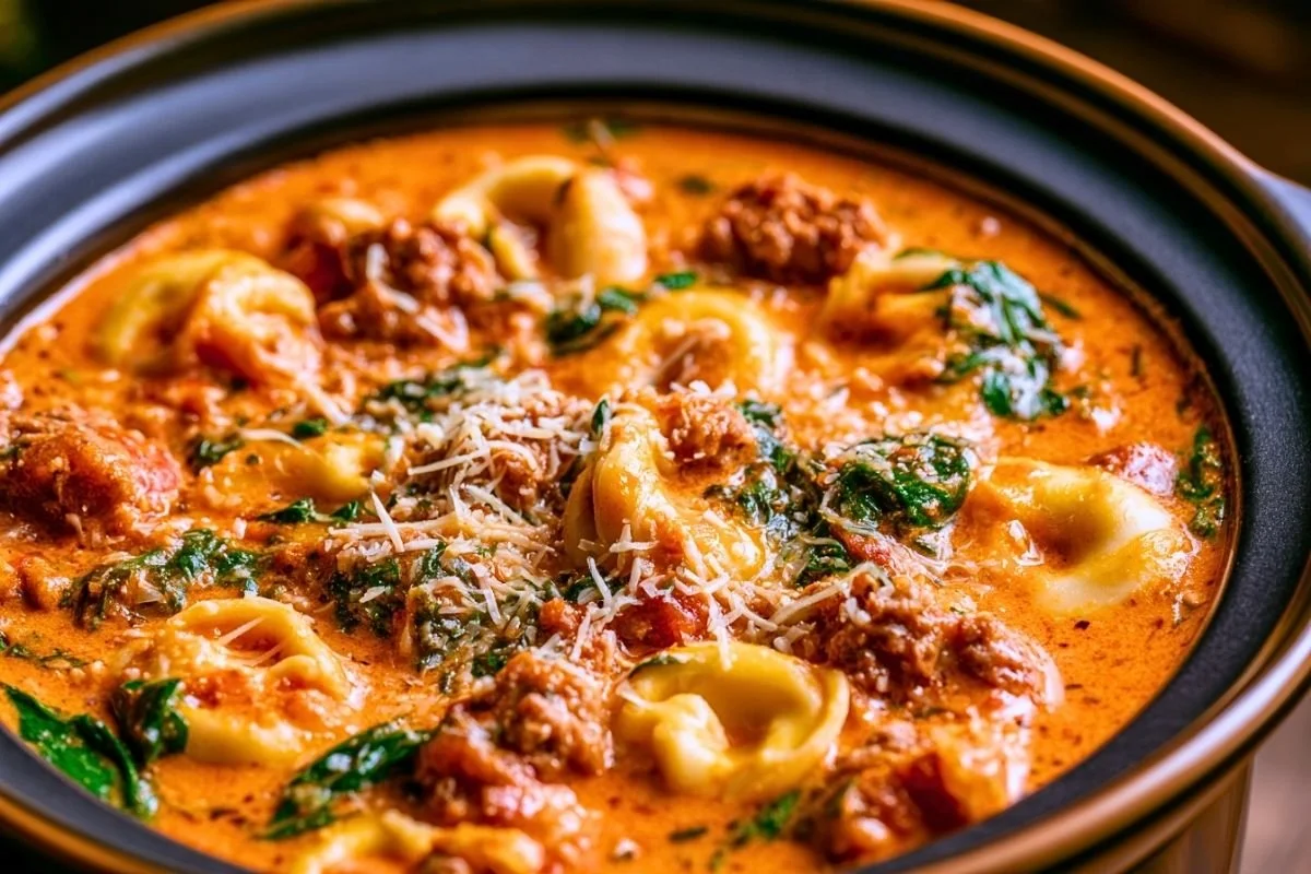 Crockpot Sausage Tortellini Soup with Spinach (No Cream Cheese)
