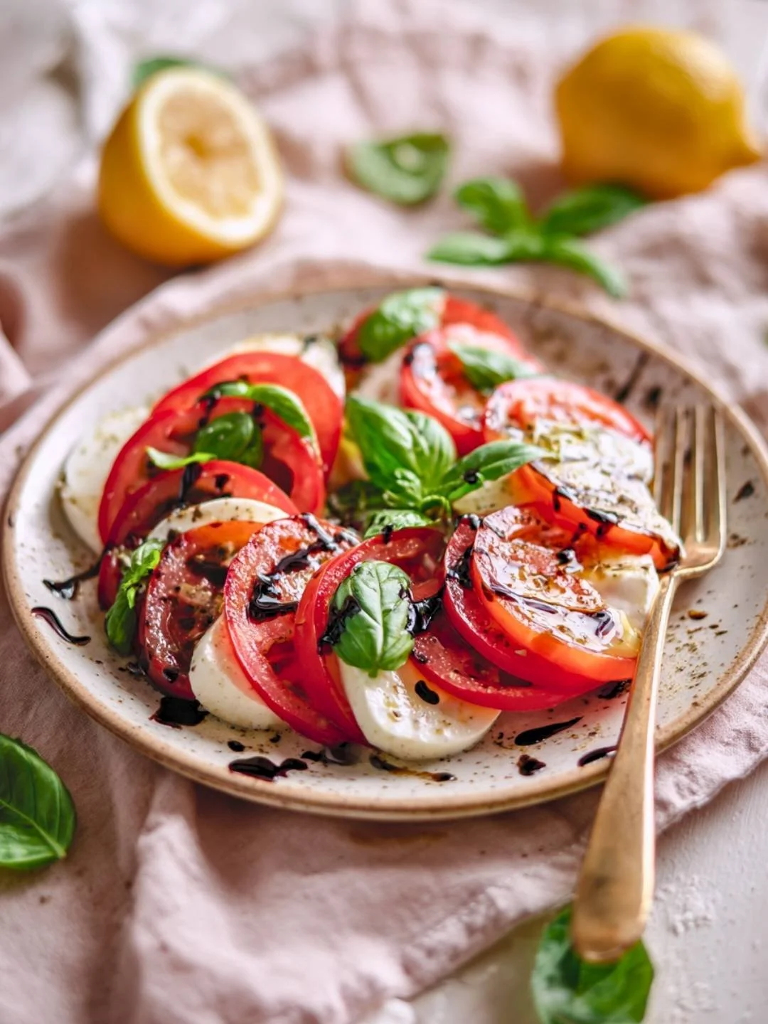 Caprese salad with sliced tomato, fresh mozzarella, and basil drizzled with balsamic glaze on a light wood table.