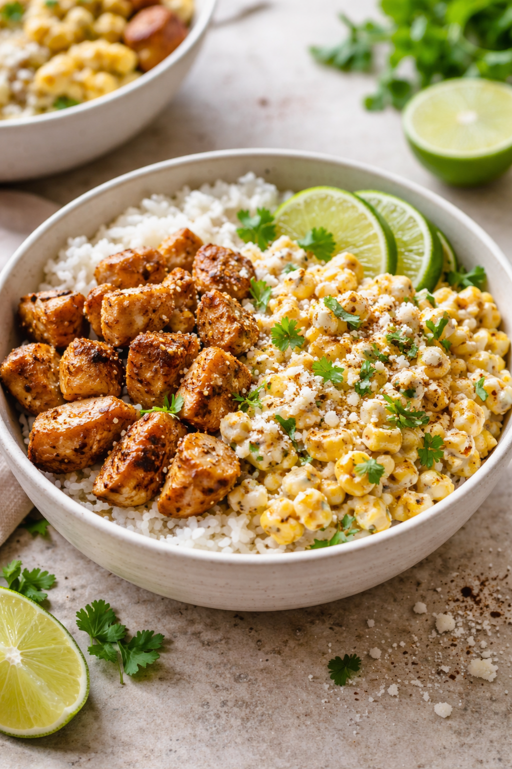 Street corn chicken bowl with seasoned chicken, fluffy white rice, creamy corn mixture, cotija cheese, lime wedges, and fresh cilantro