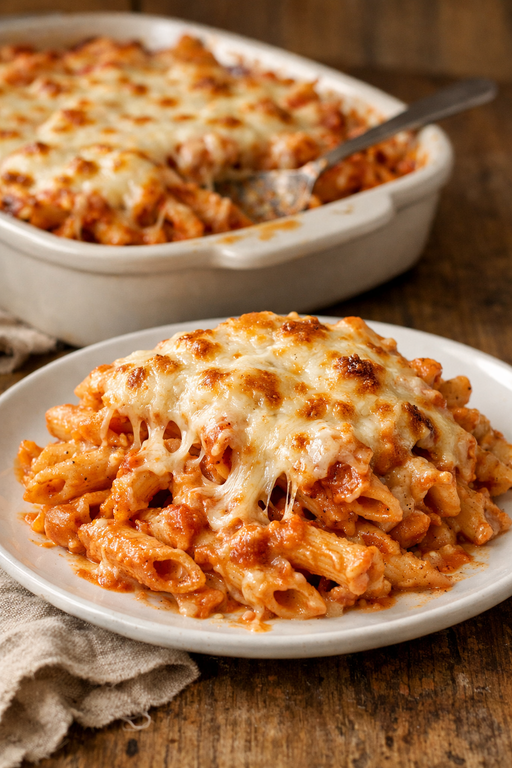 Creamy baked pink sauce pasta with penne, rich tomato cream sauce, and melted golden cheese on top, served hot in a rustic dish