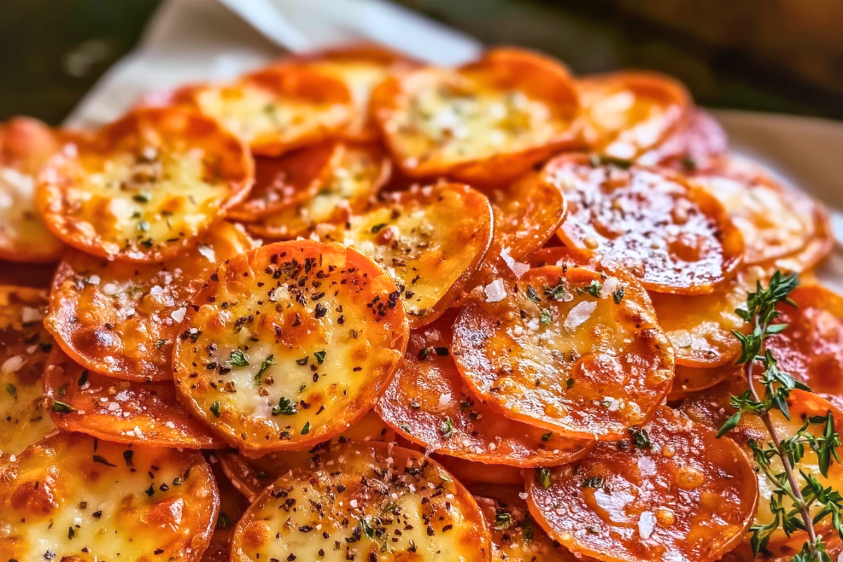 Hot honey pepperoni cheese crisps with lacy, golden mozzarella edges and a sweet-heat drizzle.