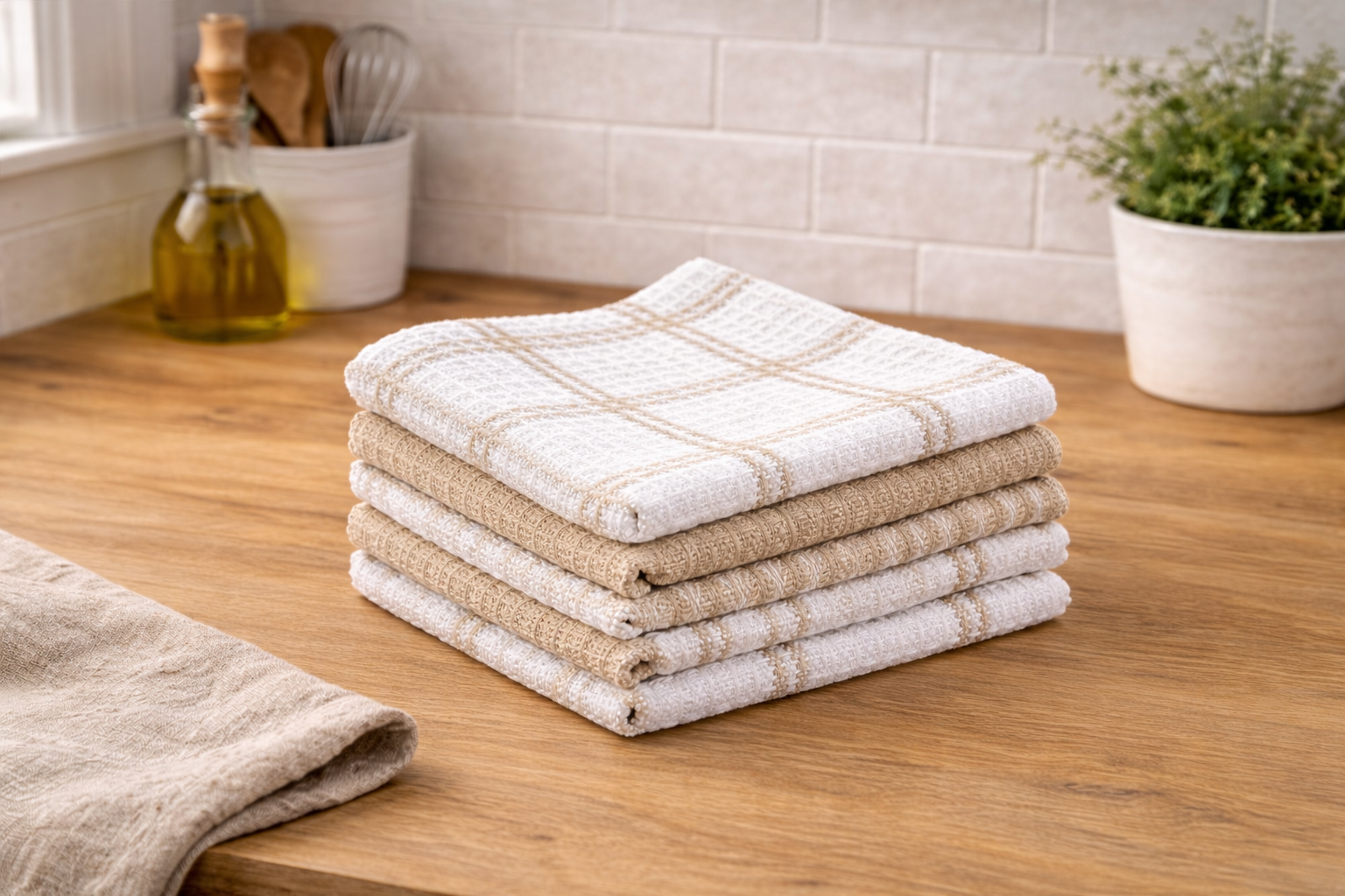 Stack of neutral waffle weave kitchen dish towels on a wooden countertop in a bright, cozy kitchen used for everyday cleaning and drying