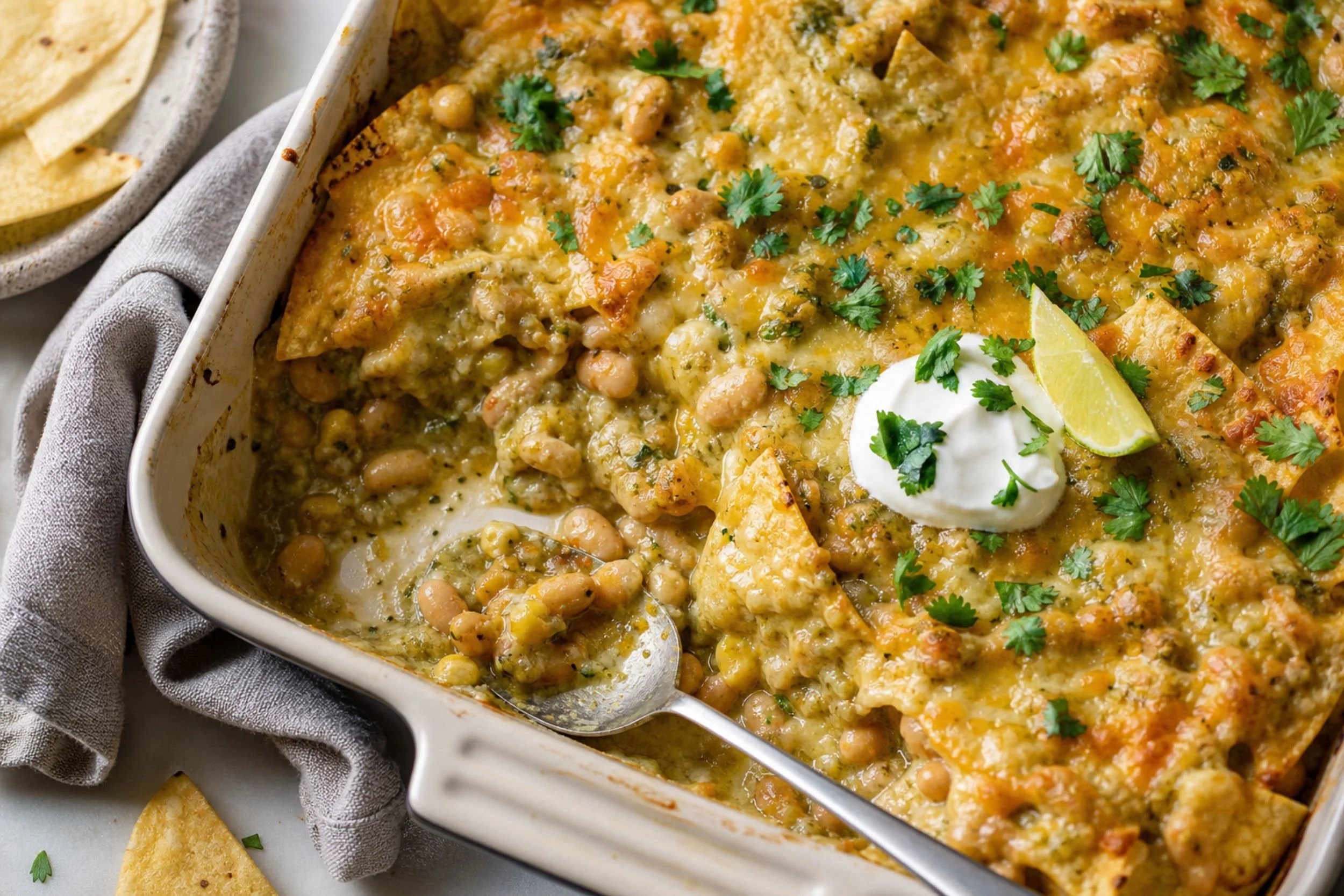 Cheesy white bean and salsa verde casserole topped with sour cream, cilantro, and a lime wedge