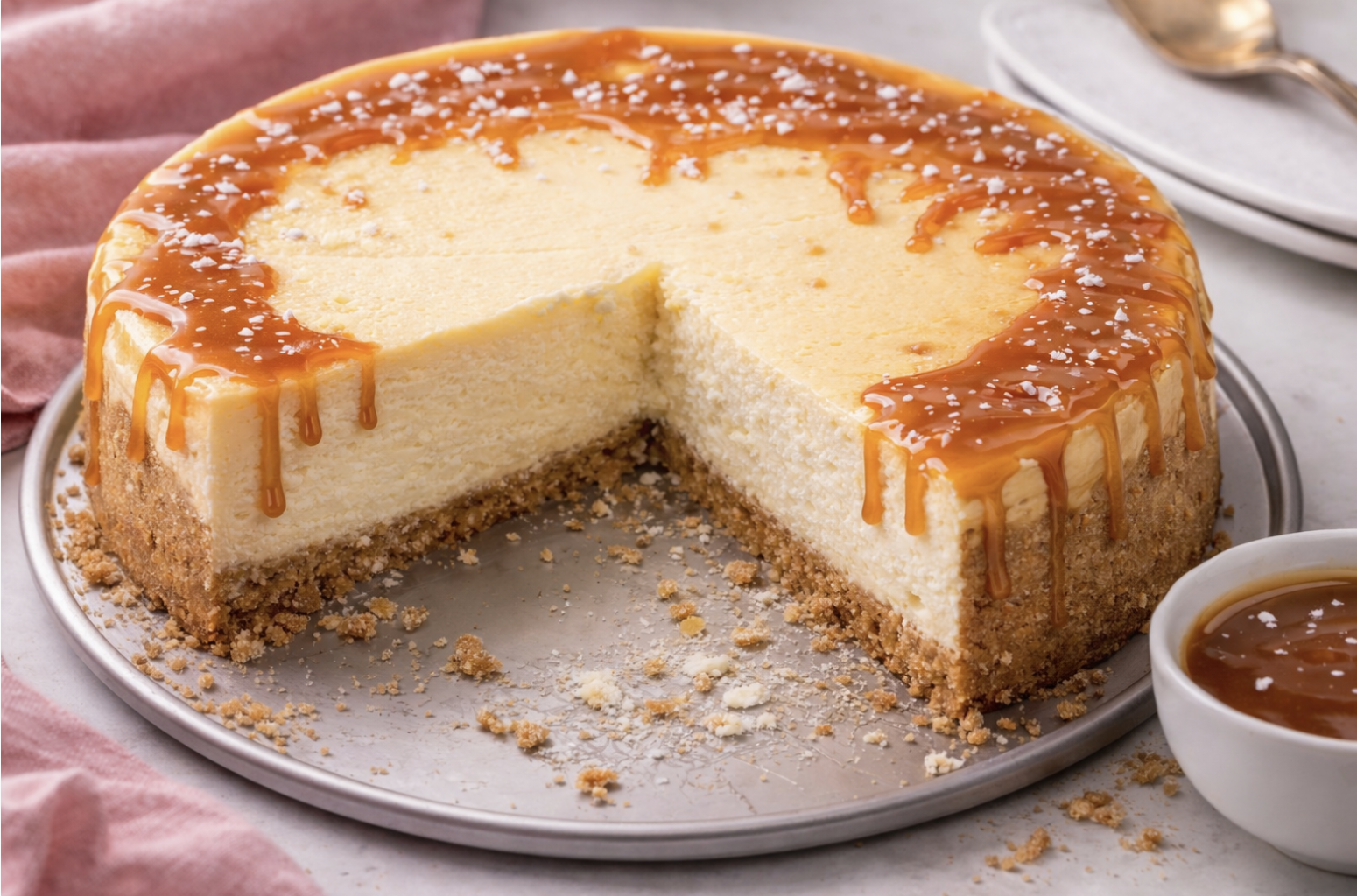Creamy New York style cheesecake with graham cracker crust topped with salted caramel drizzle and sea salt flakes, served on a cake stand with caramel sauce on the side.