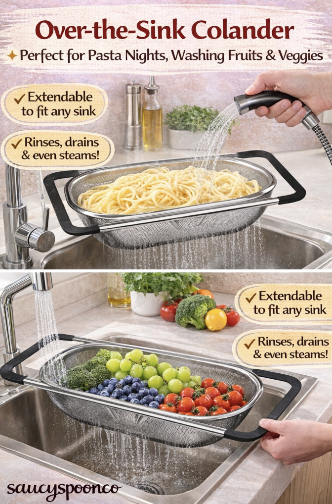 Over-the-sink colander draining pasta and rinsing fresh fruits and vegetables, showing an adjustable kitchen strainer for easy meal prep and cleanup.