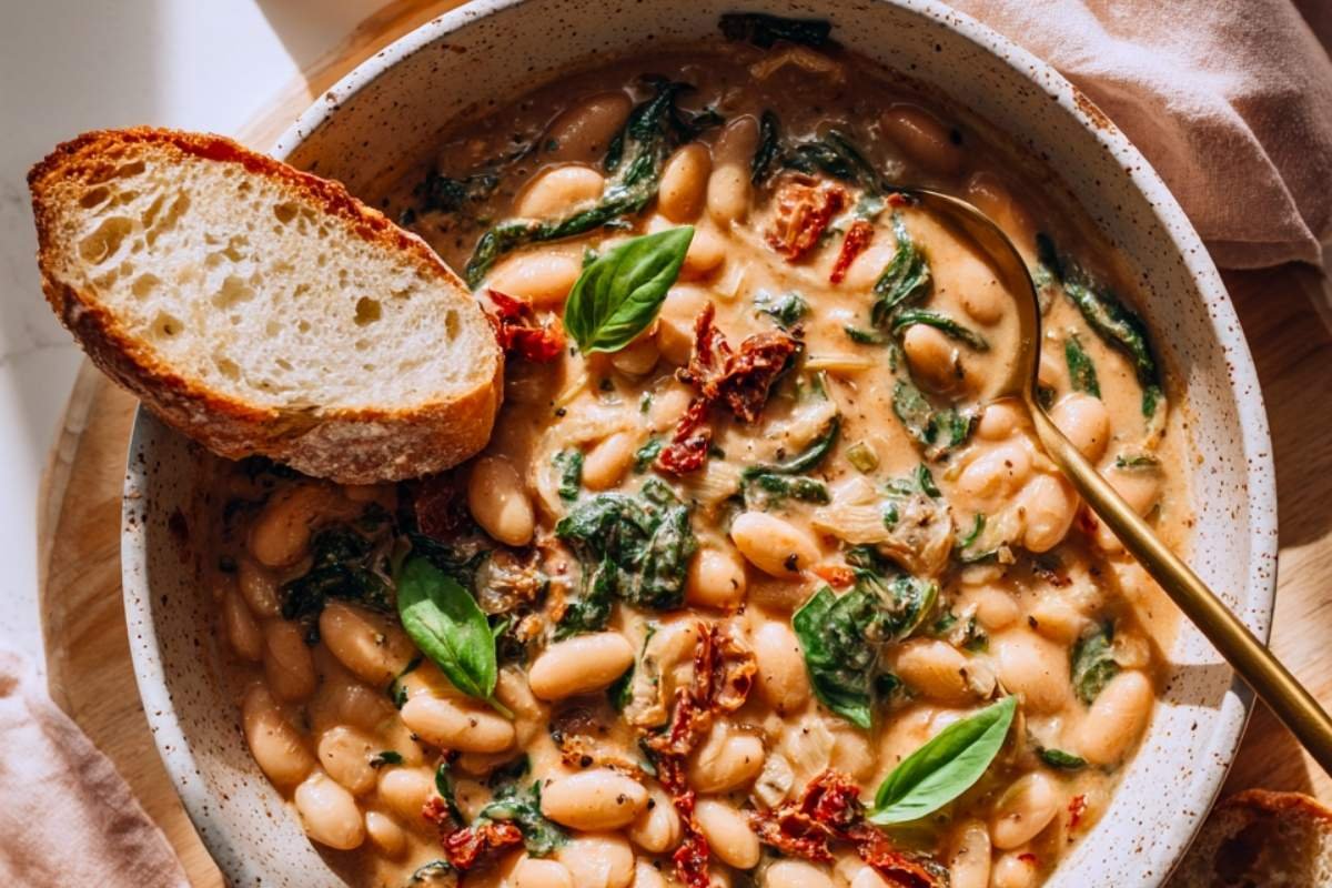 Creamy Tuscan white bean skillet with sun-dried tomatoes and basil in a cream speckled bowl with bread and golden spoon