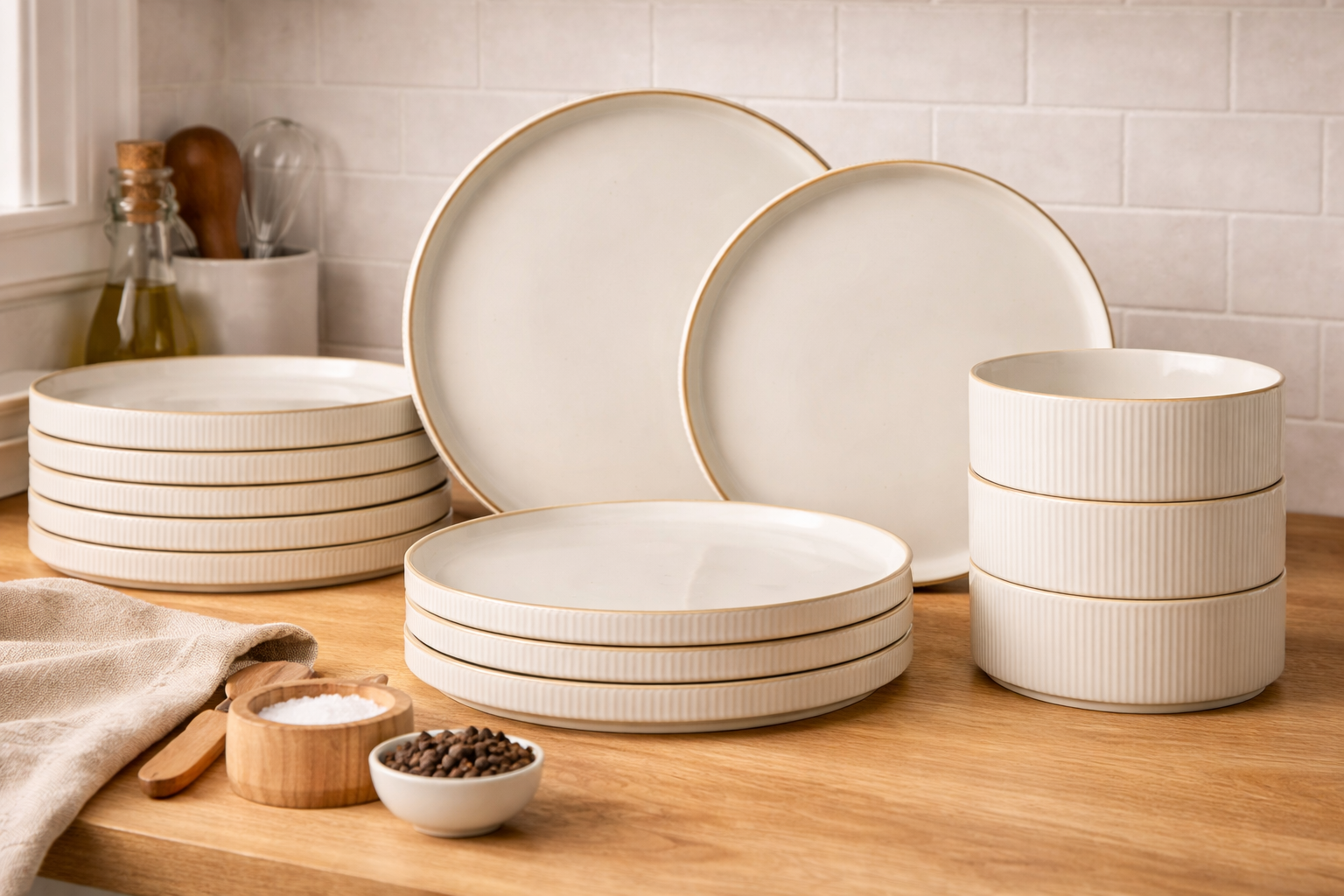Neutral ceramic dinnerware set with plates and bowls arranged on a wooden countertop in a bright, modern kitchen for everyday meals