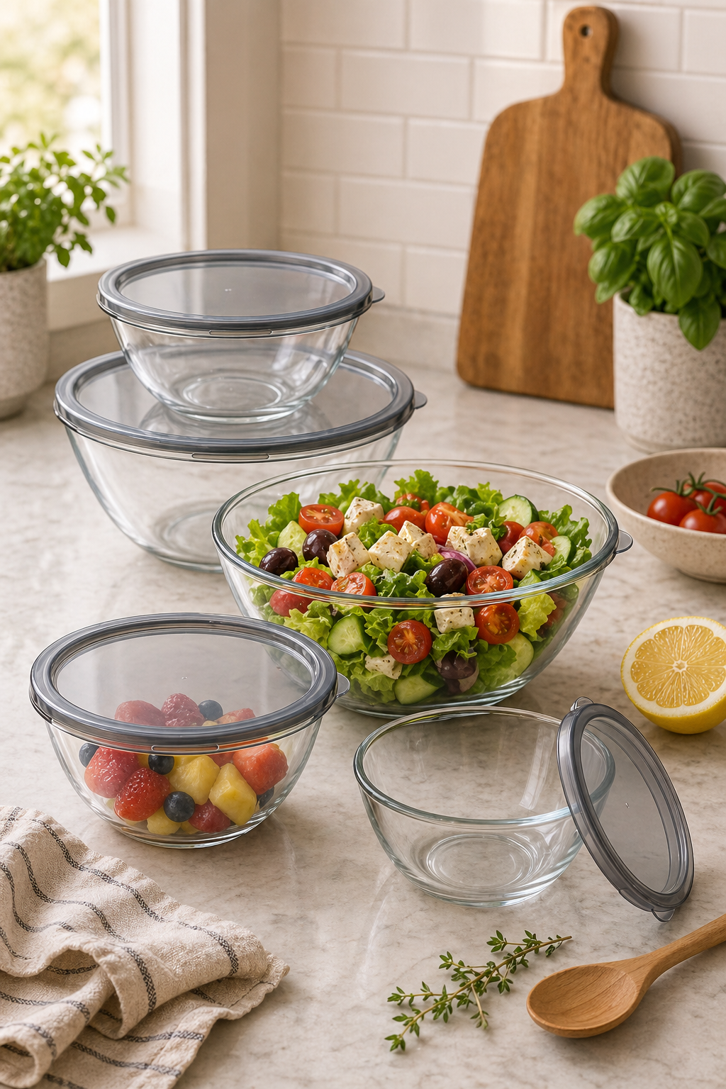 Clear glass mixing bowls with gray lids, fresh salad, and prep ingredients on a bright kitchen counter