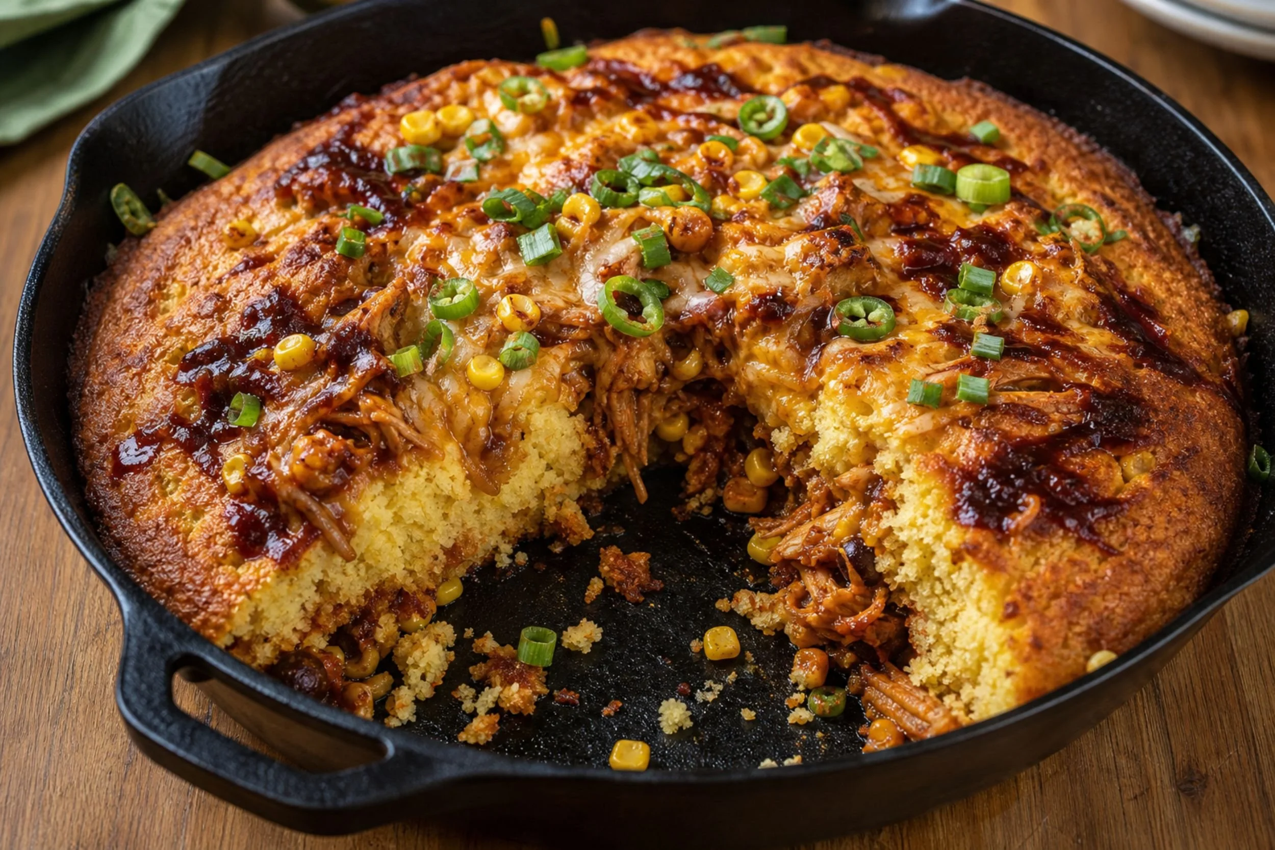 Easy BBQ chicken cornbread skillet with shredded chicken, corn, melted cheese, and golden cornbread baked in a cast iron pan.