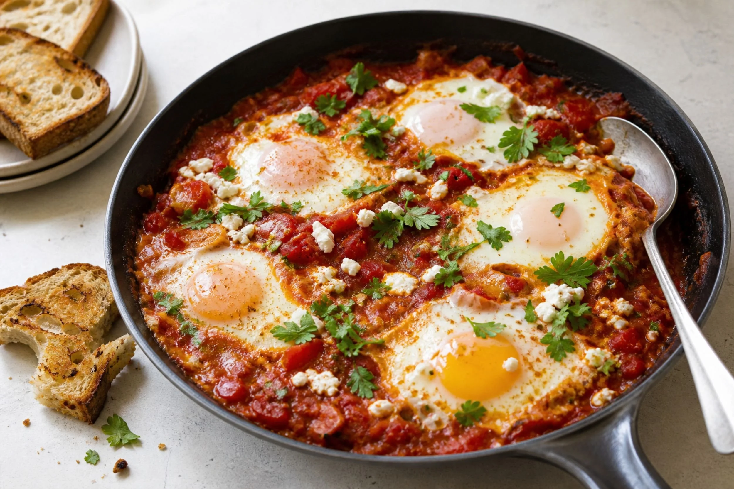 Cast iron skillet of shakshuka with poached eggs in spiced tomato sauce topped with feta and fresh herbs