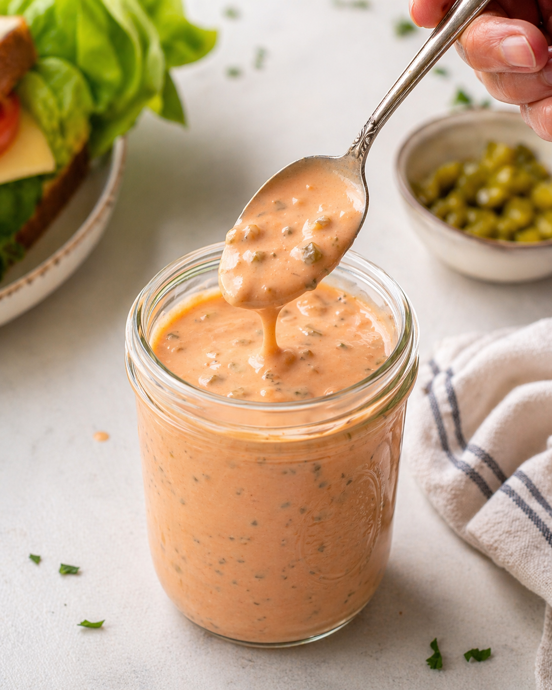 Creamy homemade Thousand Island dressing in a glass jar with a spoon drizzle, made with mayonnaise, ketchup, relish, and spices in natural light