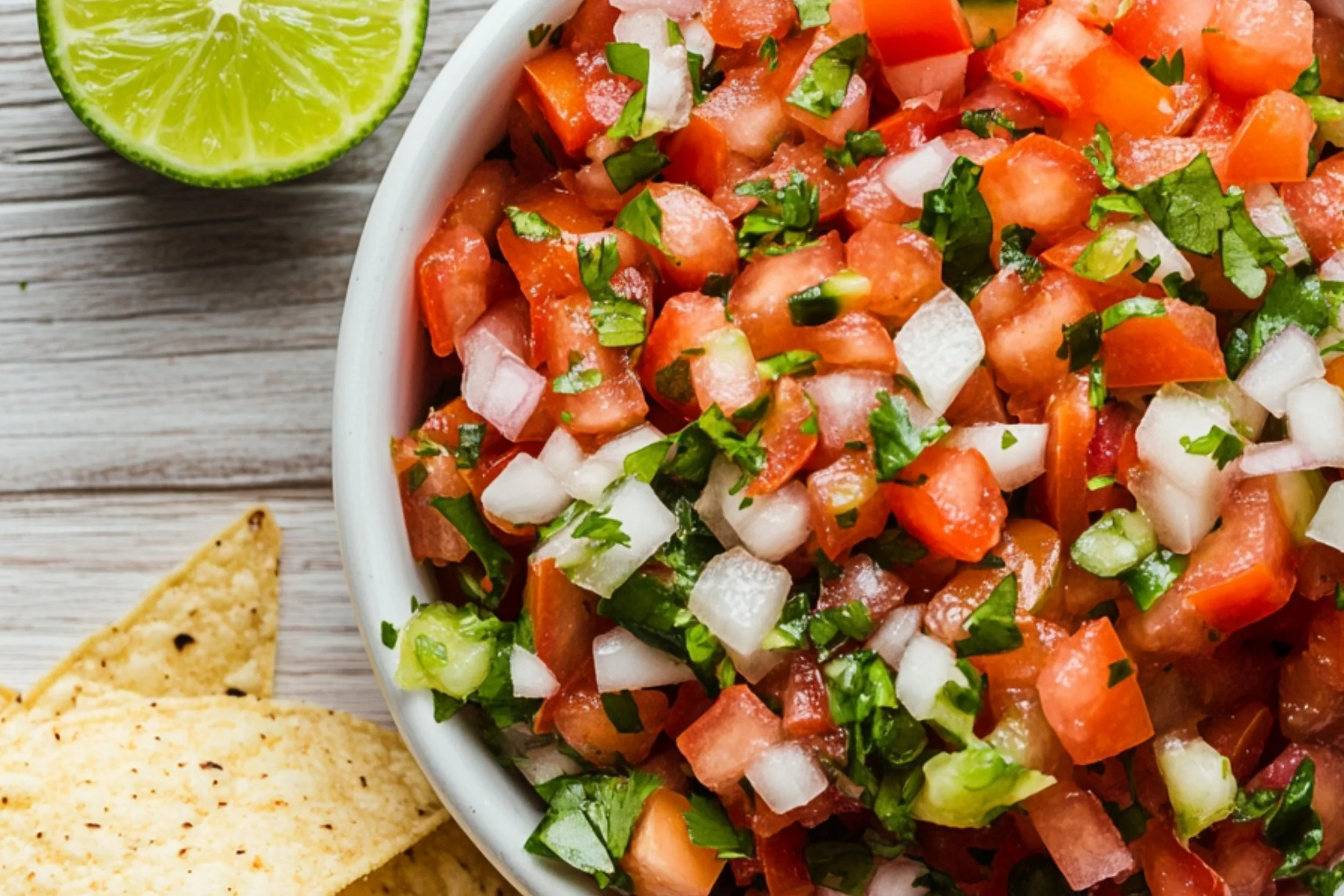 Fresh homemade pico de gallo in a bowl with diced Roma tomatoes, white onion, jalapeño, cilantro, and lime