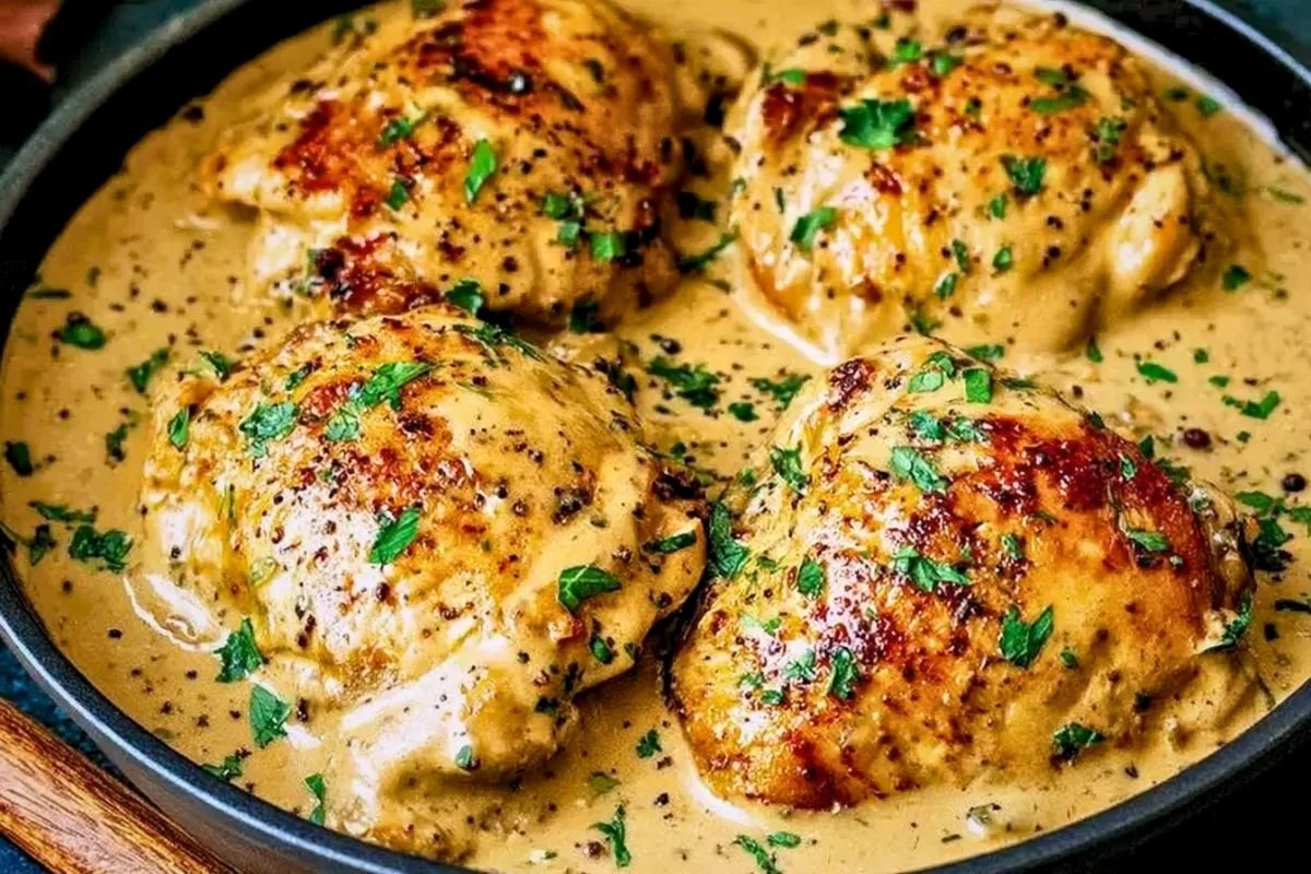 Easy chicken au poivre thighs in a skillet, golden edges and creamy peppercorn sauce with fresh parsley