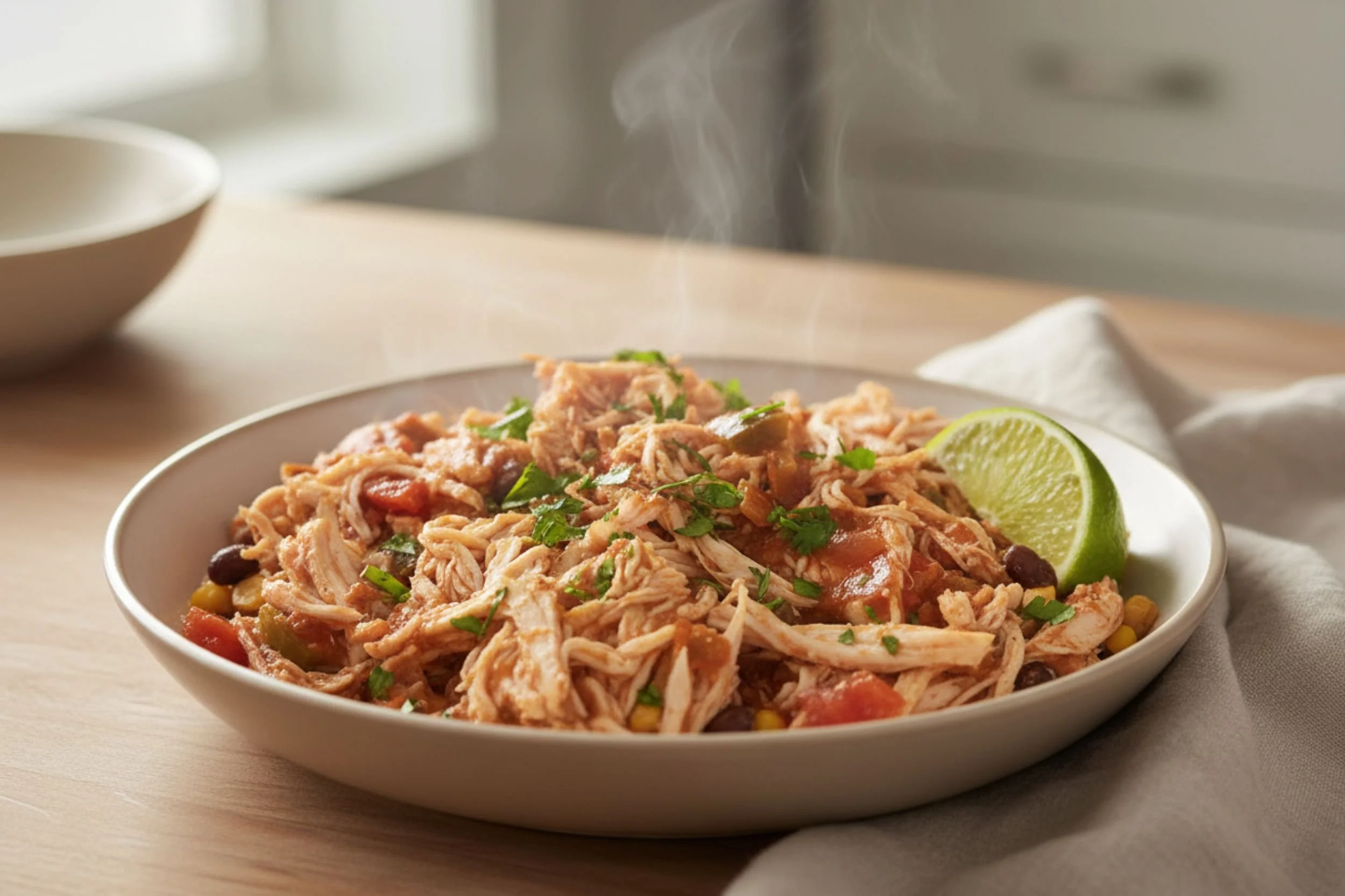 Shredded crockpot salsa chicken with black beans, corn, and fresh cilantro served in a bowl with a lime wedge