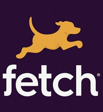 Orange silhouette of a dog jumping over the word 'fetch' in white text on a dark background.