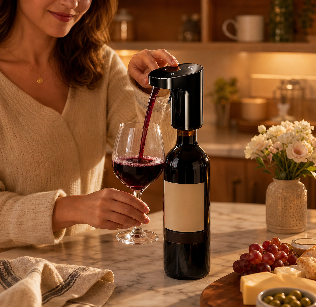 An electric wine dispenser attached to a wine bottle pours red wine into a stemmed glass on a warm kitchen countertop, with soft evening light and cozy kitchen details in the background.