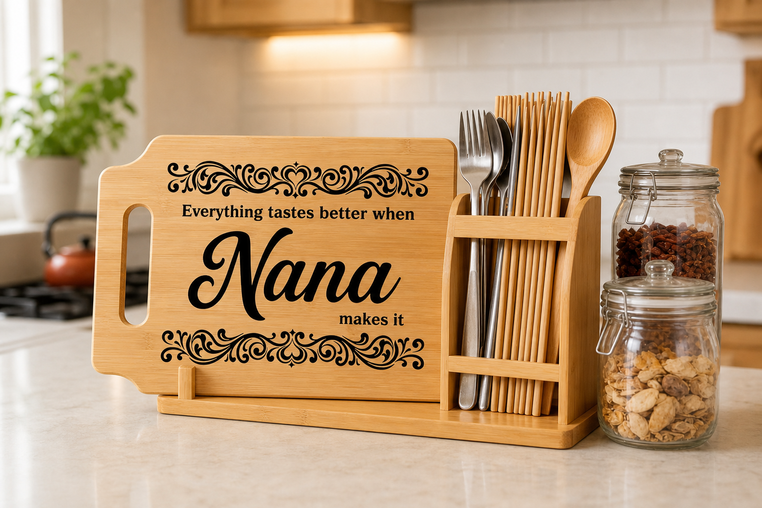 Personalized Nana cutting board gift set with bamboo utensil holder and kitchen jars