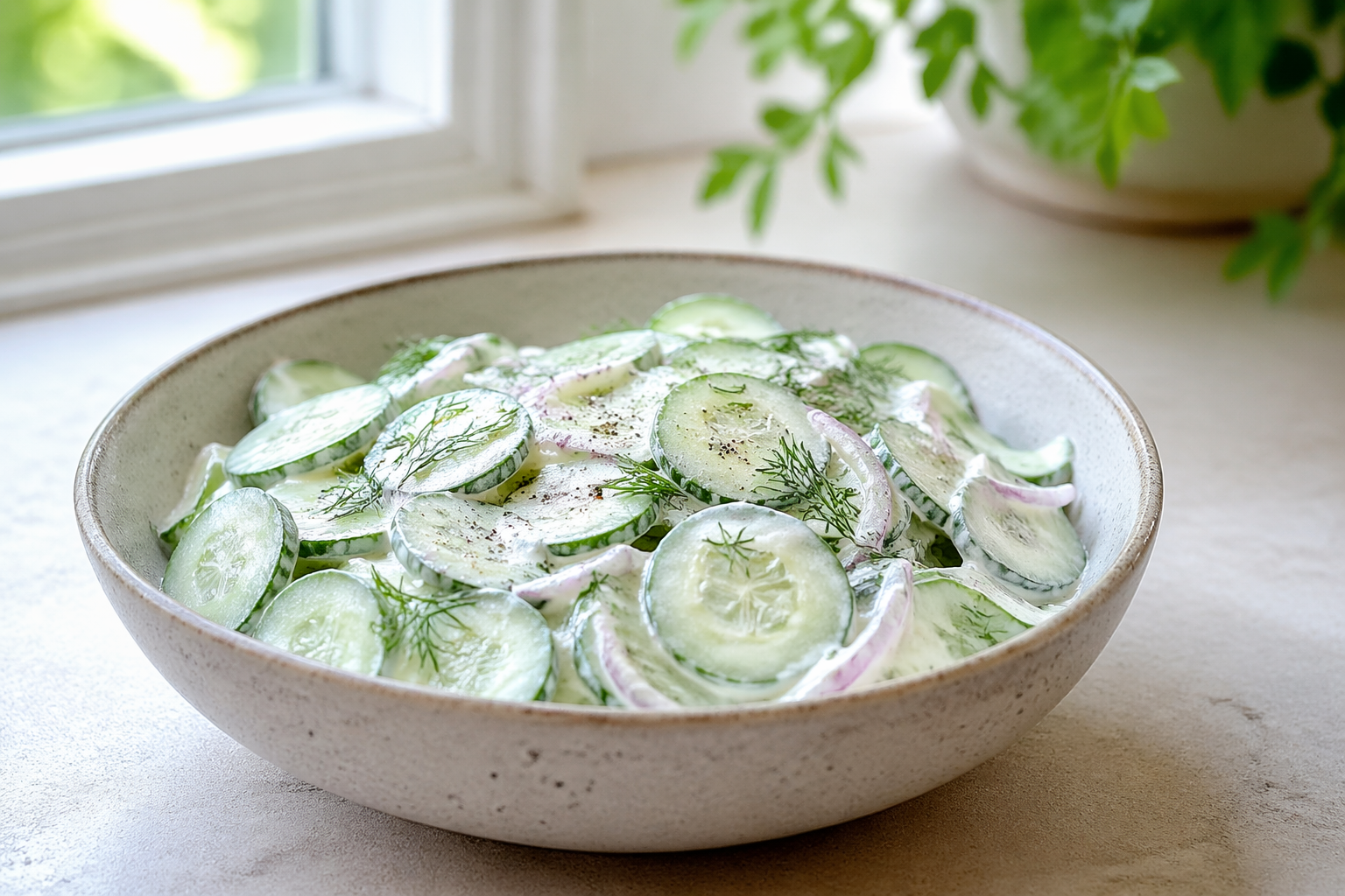 Creamy cucumber salad made with thinly sliced cucumbers, fresh dill, and a sour cream dressing in a ceramic bowl on a light kitchen countertop with natural daylight