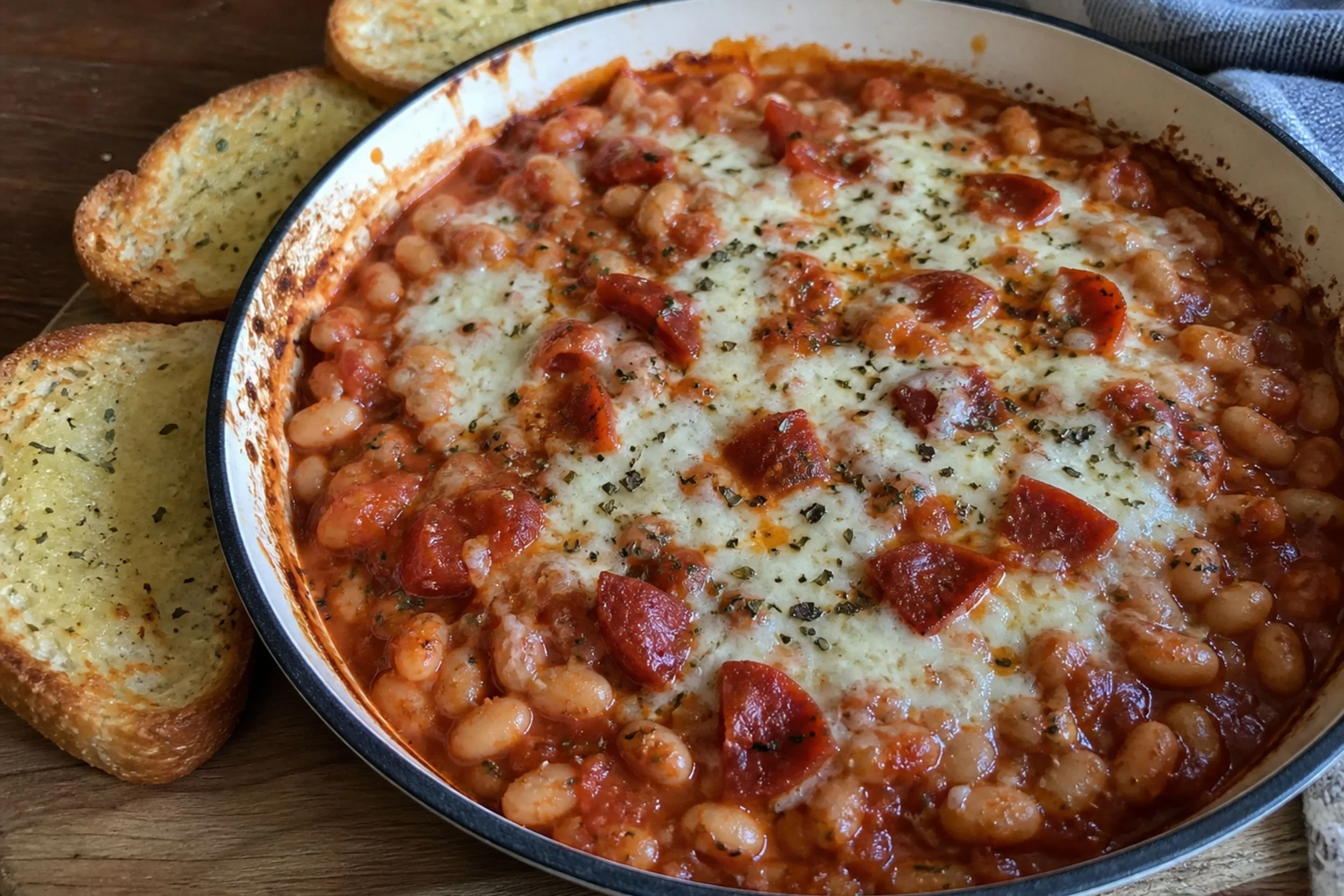 Skillet of white beans in tomato sauce with melted mozzarella served with garlic toast