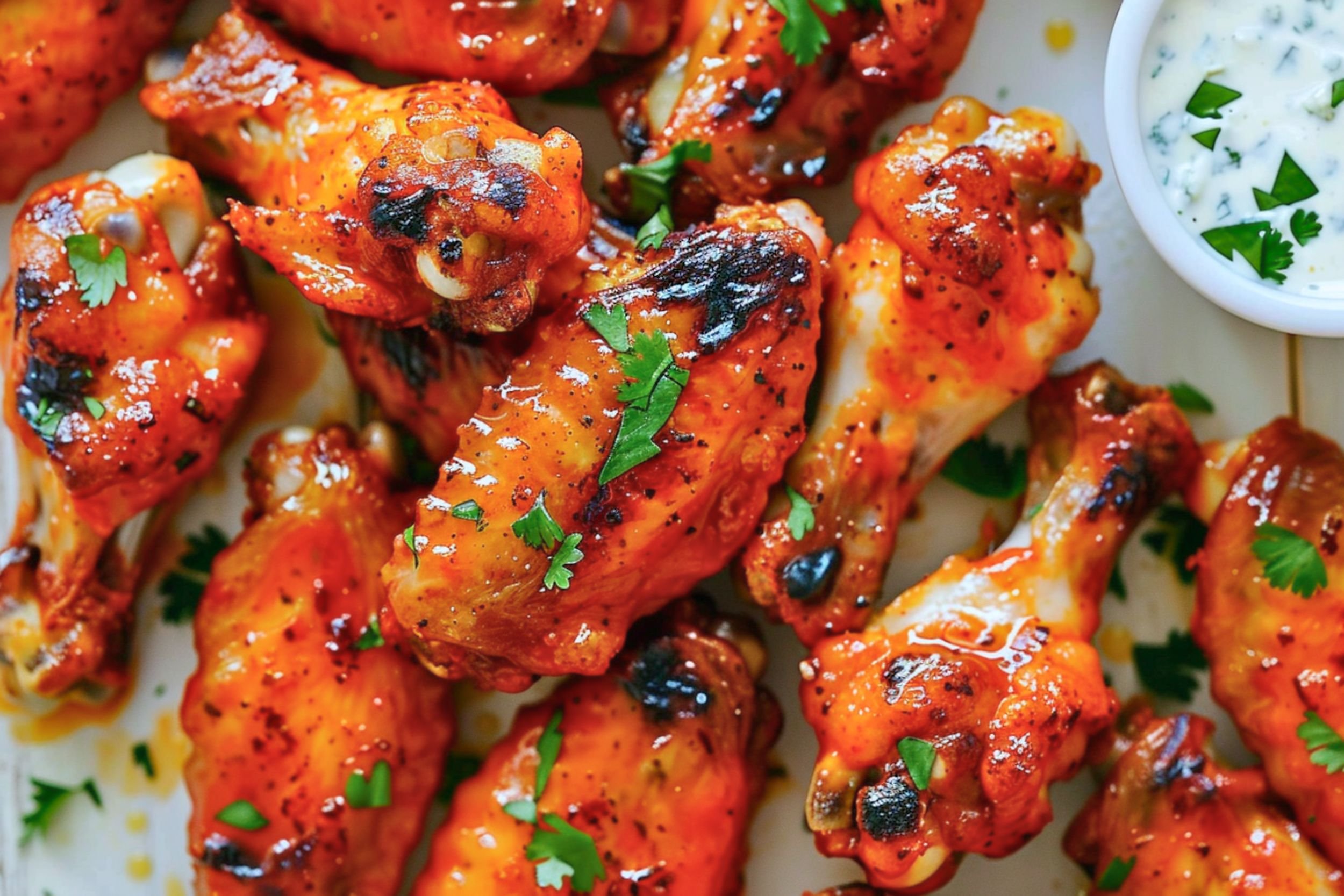 Crispy baked buffalo wings on a white platter with blue cheese dressing and celery — golden skin, glossy orange sauce