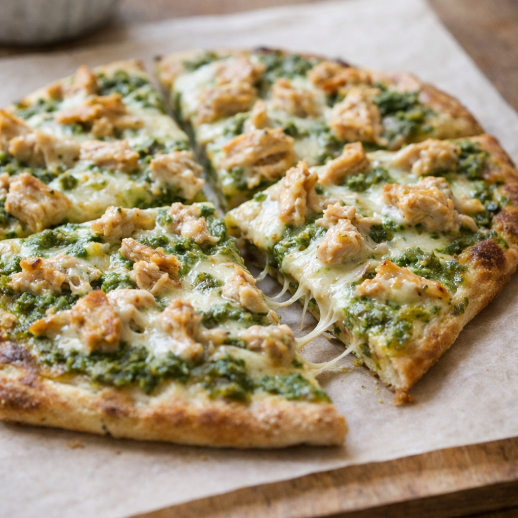 Chicken pesto flatbread with melted mozzarella and seasoned chicken, sliced with one piece pulled away showing melted cheese and crispy edges