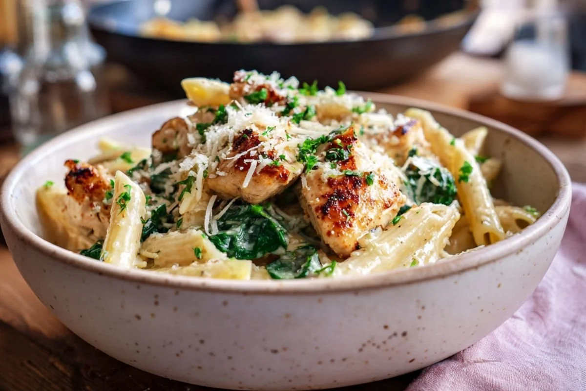 Bowl of creamy garlic parmesan chicken pasta topped with shaved parmesan and parsley