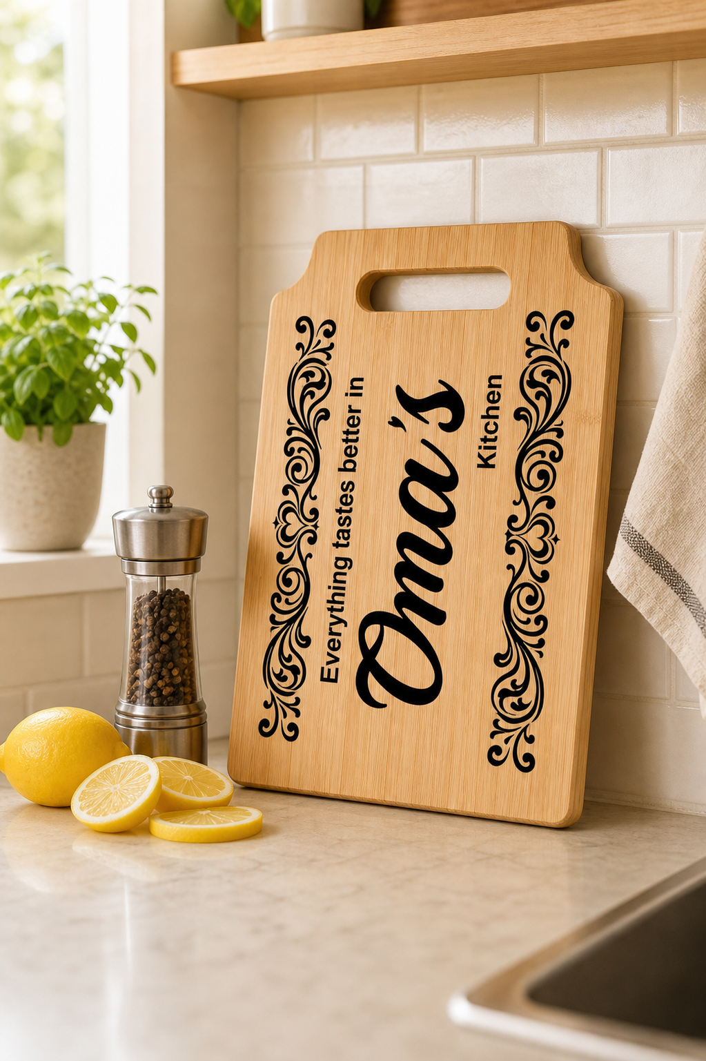 Personalized Oma bamboo cutting board leaning on a kitchen counter with lemons