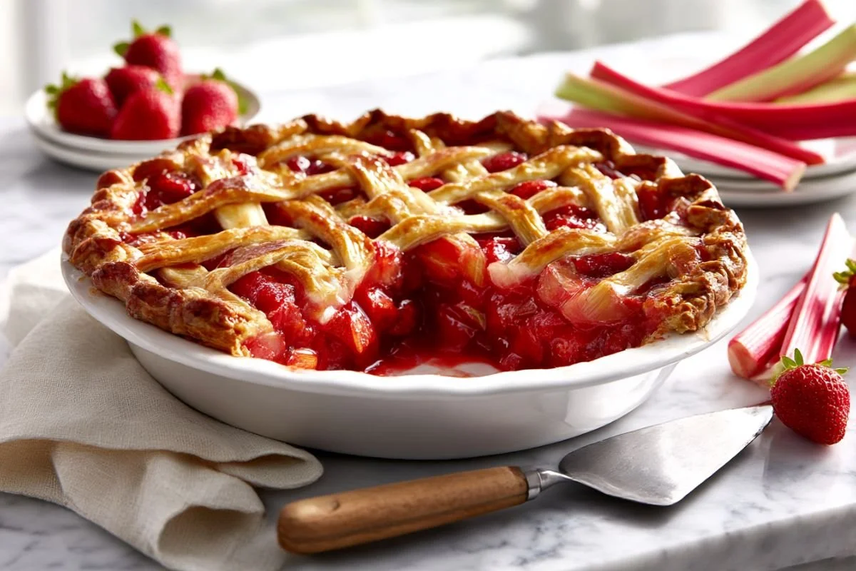 Strawberry rhubarb pie with a golden lattice crust and one slice removed showing the thick, set red filling