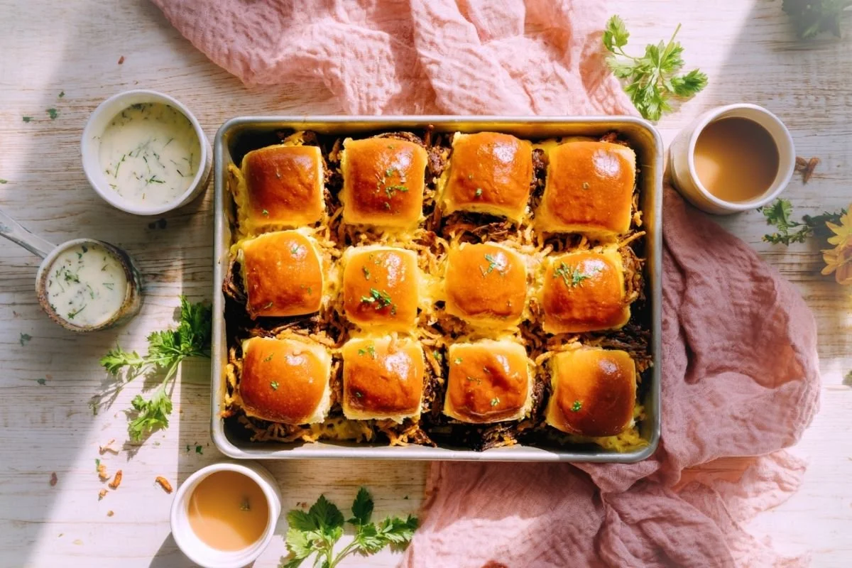 French dip sliders with crispy onions and melted provolone in a baking pan beside cups of au jus and horseradish sauce