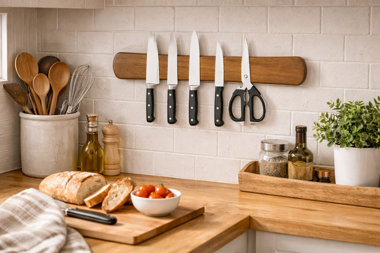Wall-mounted magnetic knife holder with kitchen knives and scissors on a white tile backsplash above a wooden countertop in a clean, organized home kitchen