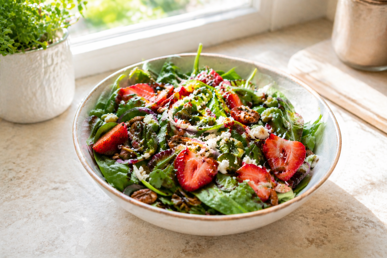 Fresh strawberry spinach salad with feta, pecans, and balsamic vinaigrette in a ceramic bowl on a bright kitchen countertop