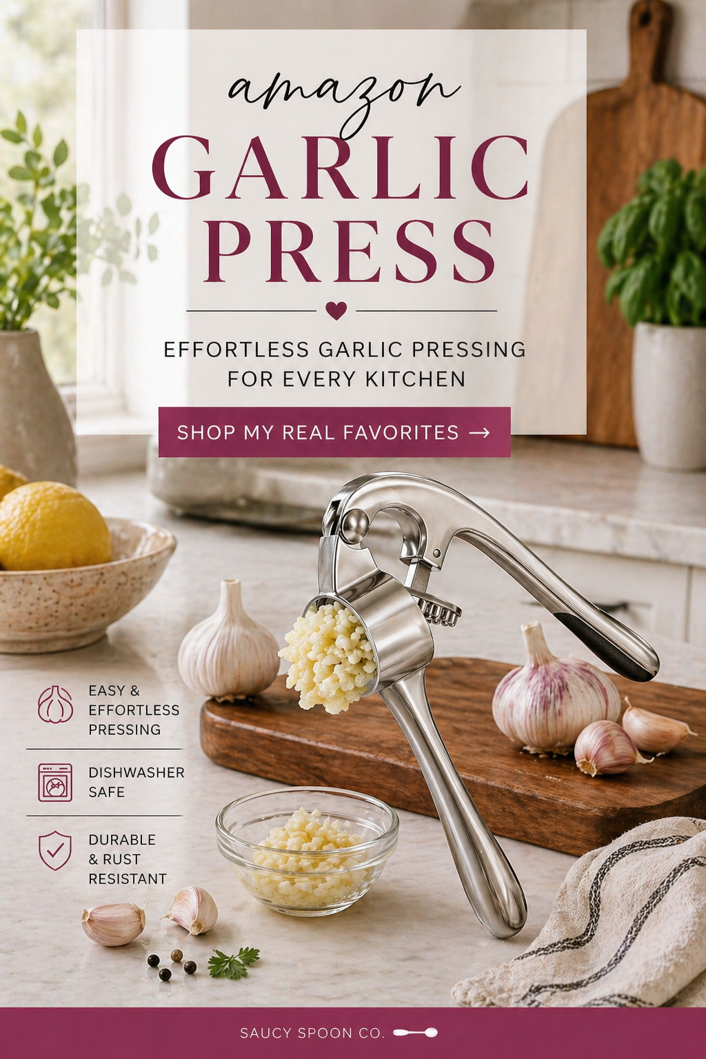 Best garlic press for easy mincing – stainless steel garlic press tool from Amazon, dishwasher safe, durable kitchen gadget for quick meal prep