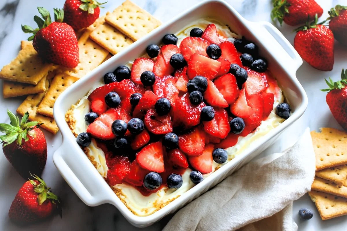 Red white and blue cheesecake dip topped with fresh strawberries and blueberries in a white dish with graham crackers