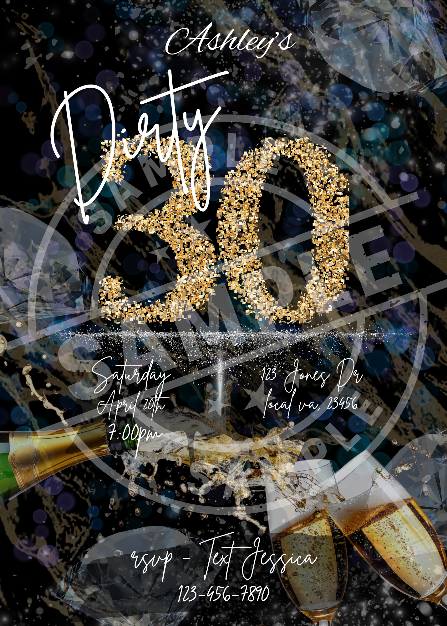 Dirty 30 Gold Glitter Birthday Invitation Template | Black & Gold Luxe 30th Party Invite | Editable Champagne Sparkle Adult Birthday Download