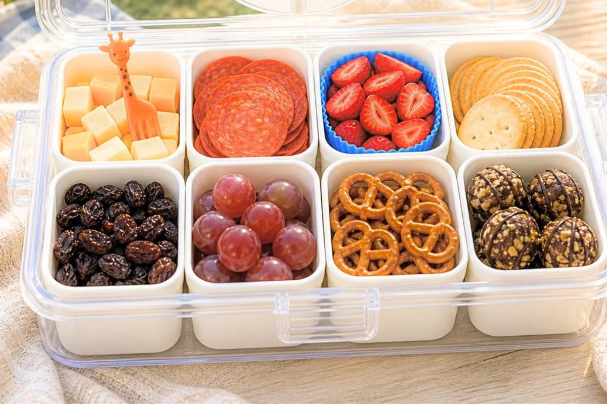 A finished snackle box filled with cheese cubes, pepperoni, strawberries, crackers, grapes, raisins, pretzels, and energy balls