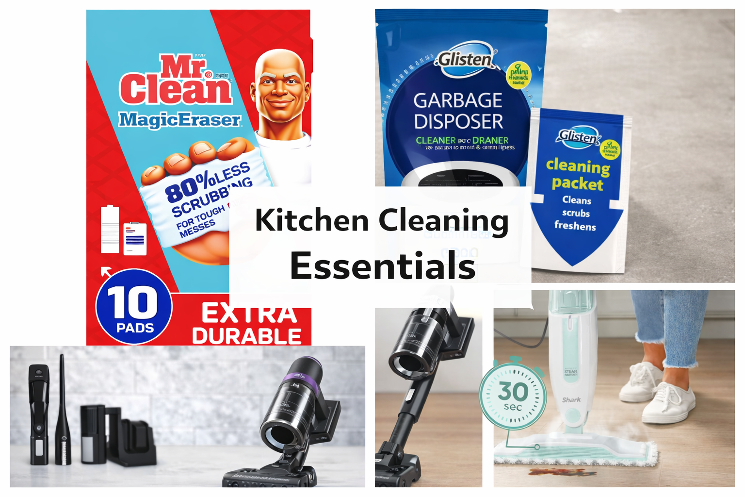 Various kitchen cleaning essentials including scrub pads, garbage disposer cleaning tablets, cleaning packets, a vacuum cleaner, a cordless vacuum, and a steam mop.
