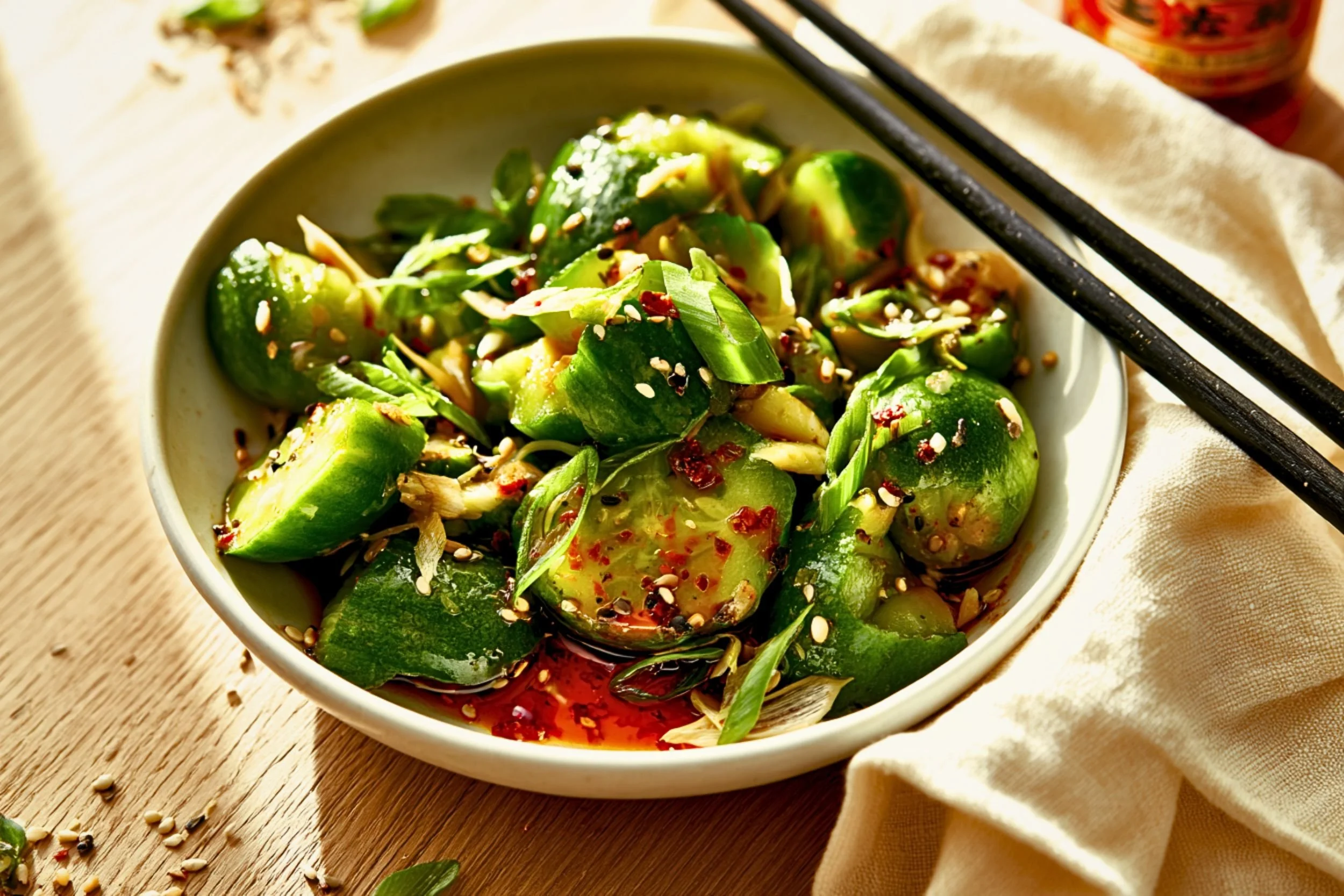Viral spicy cucumber salad with smashed Persian cucumbers, garlic, soy sauce, sesame oil, chili crisp, toasted sesame seeds, and sliced green onions in a small white bowl — the Asian-style 10-minute TikTok salad recipe