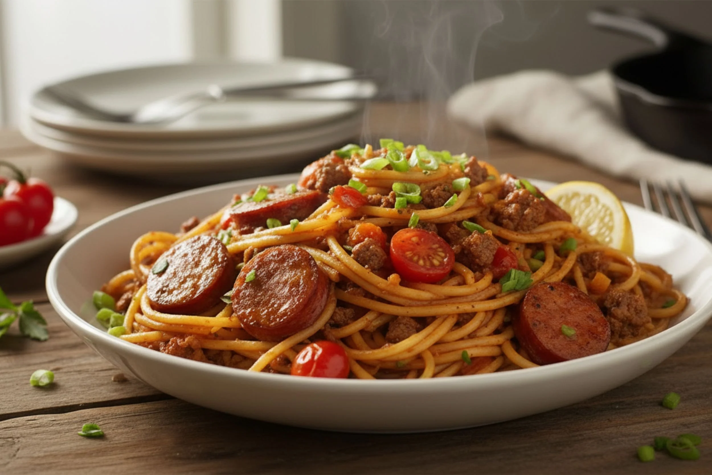Cajun dirty spaghetti recipe in a white bowl with andouille sausage rounds, ground beef, cherry tomatoes, and green onions on a wood table