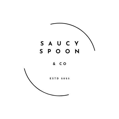 Logo for Saucy Spoon & Co, established in 2025, featuring minimalistic black text and curved lines