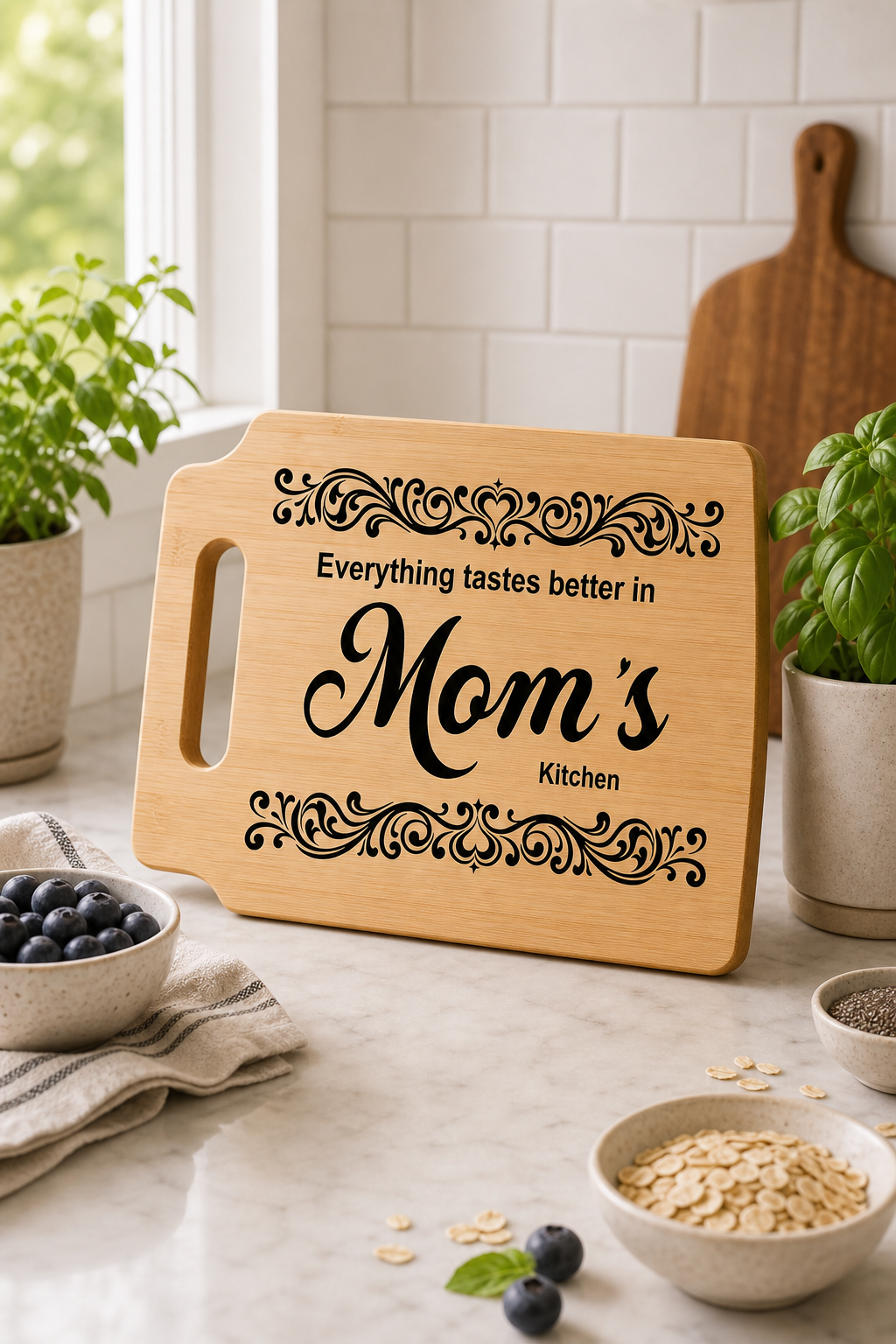 Personalized Mom's cutting board gift set with plant and ingredients on the counter