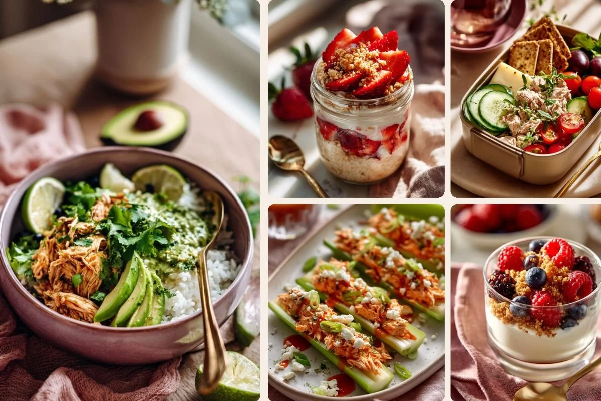 High protein meal plan for one day — overnight oats, tuna box, salsa verde chicken bowl, buffalo celery boats, and a berry yogurt cup