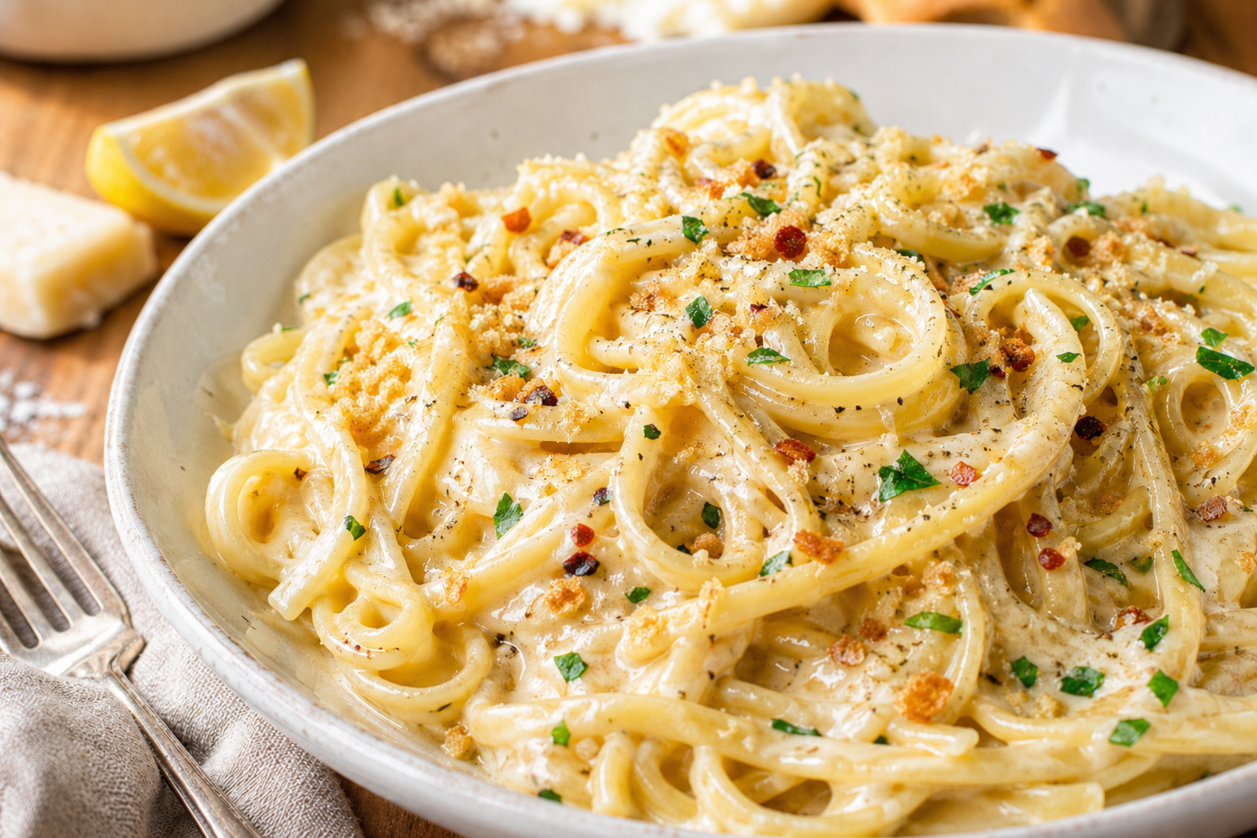 Creamy garlic butter pasta tossed with parmesan, fresh garlic, butter sauce, parsley, and black pepper in a bowl for an easy 20-minute weeknight dinner.
