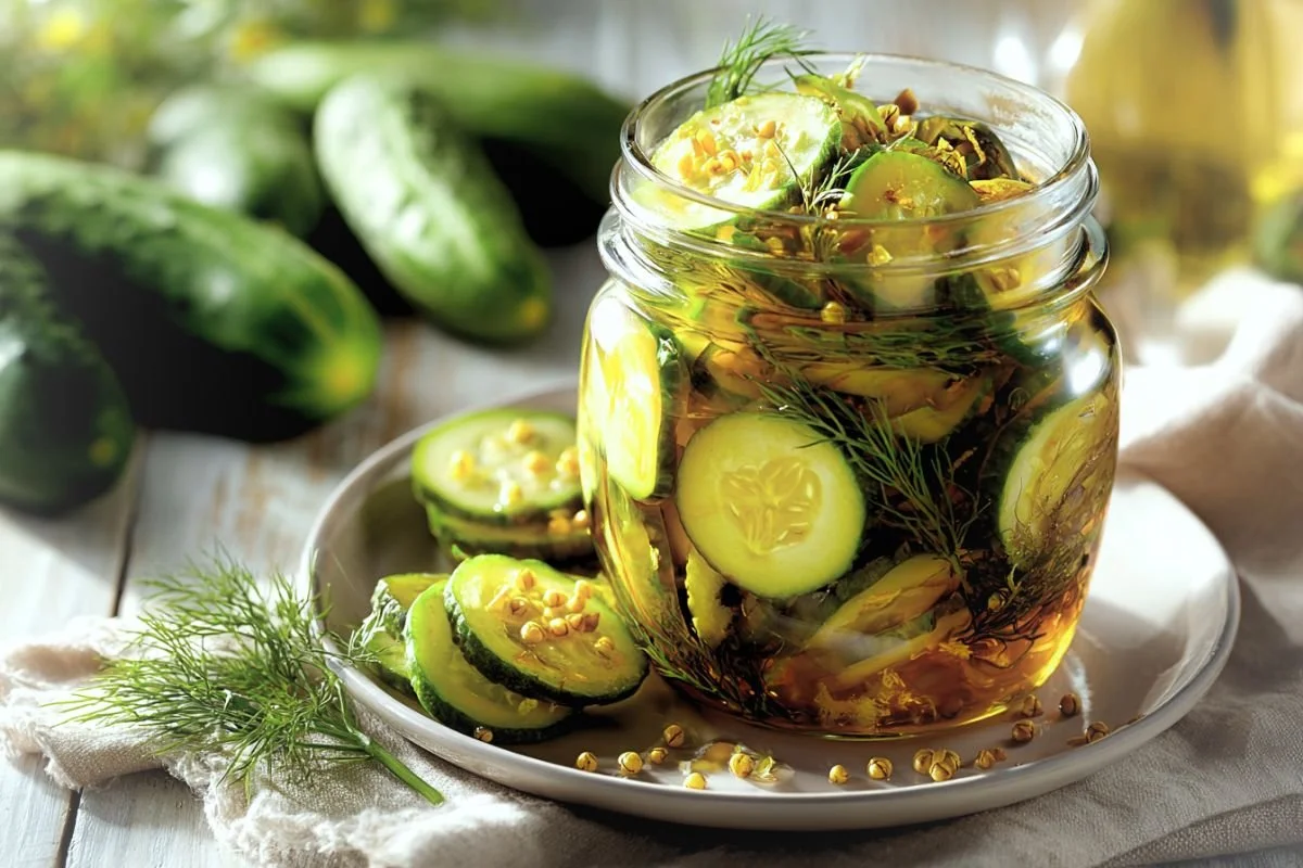 Wide-mouth glass jar of refrigerator bread and butter pickles with golden brine, sliced cucumbers, onion ribbons, and mustard seeds on a cream countertop