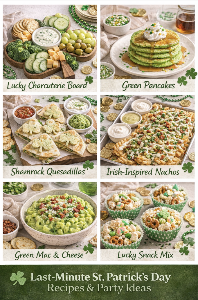 Collage of six easy St. Patrick’s Day recipes including a lucky charcuterie board, green pancakes, shamrock quesadillas, Irish-inspired nachos, green mac and cheese, and lucky snack mix for a festive party spread.