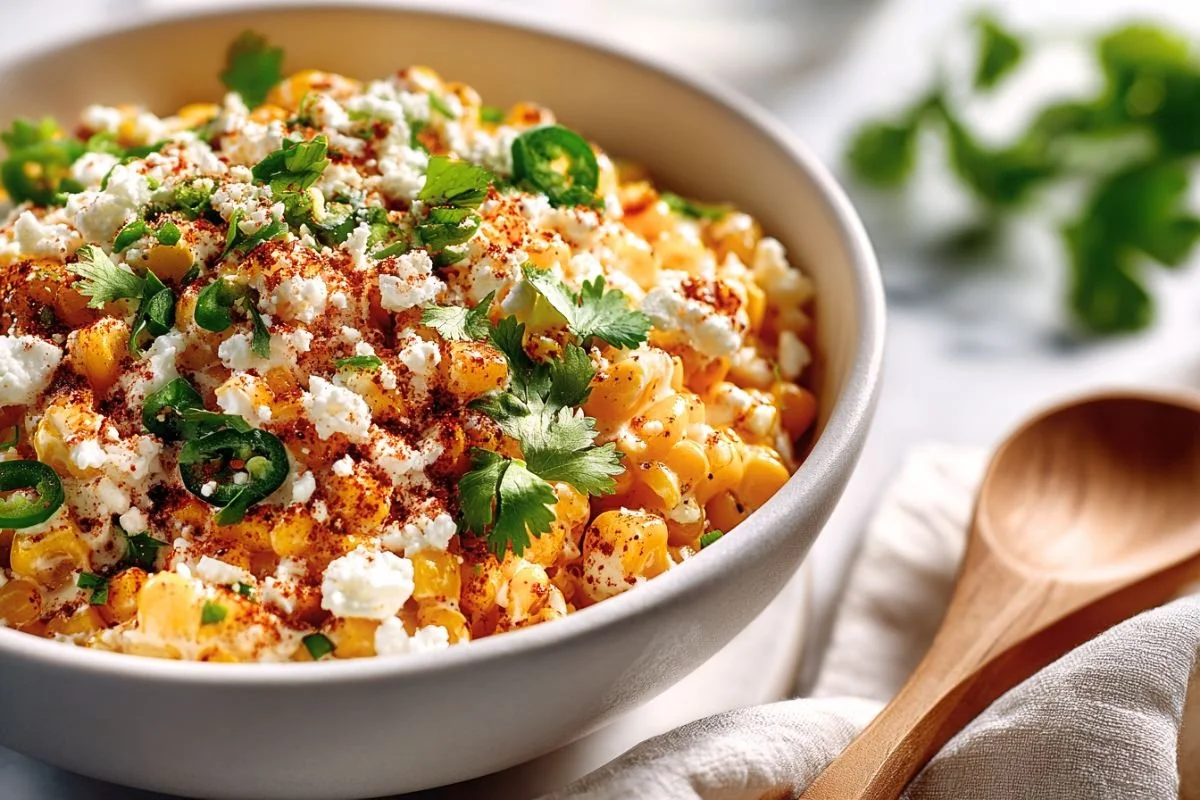 Creamy Mexican street corn salad in a white bowl with cotija cheese, diced jalapeño, cilantro, and a dusting of paprika and lime zest