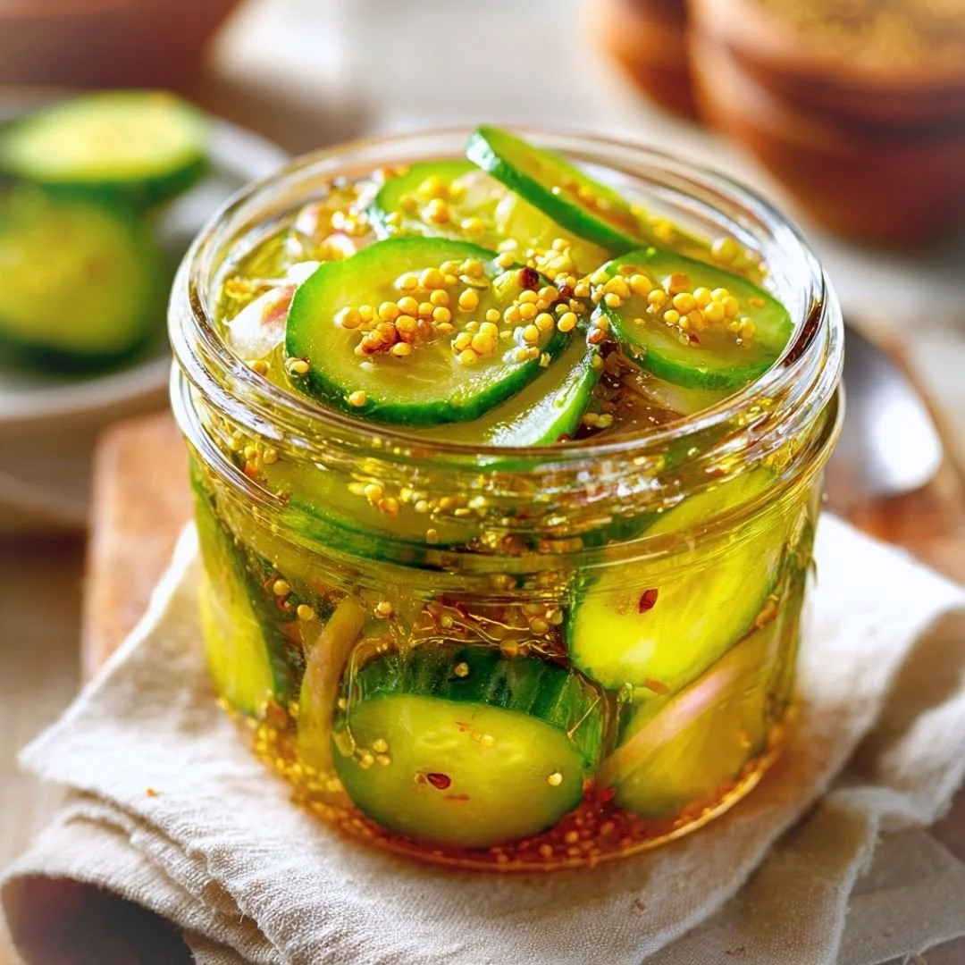 Close-up of sliced cucumbers and sweet onion in golden turmeric brine with visible yellow mustard seeds and celery seeds inside a glass jar
