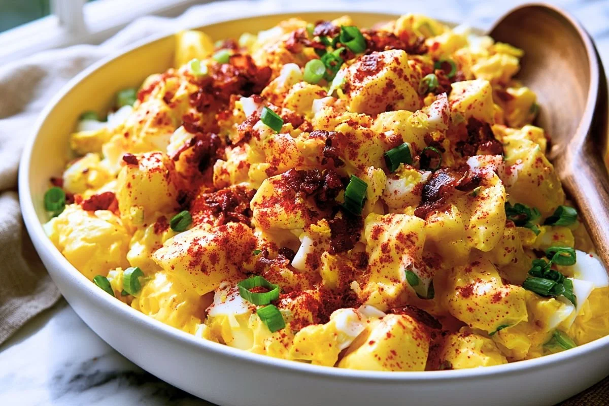 Southern deviled egg potato salad with bacon in a white ceramic bowl with Yukon Gold potatoes, chopped hard-boiled eggs, paprika, and green onions