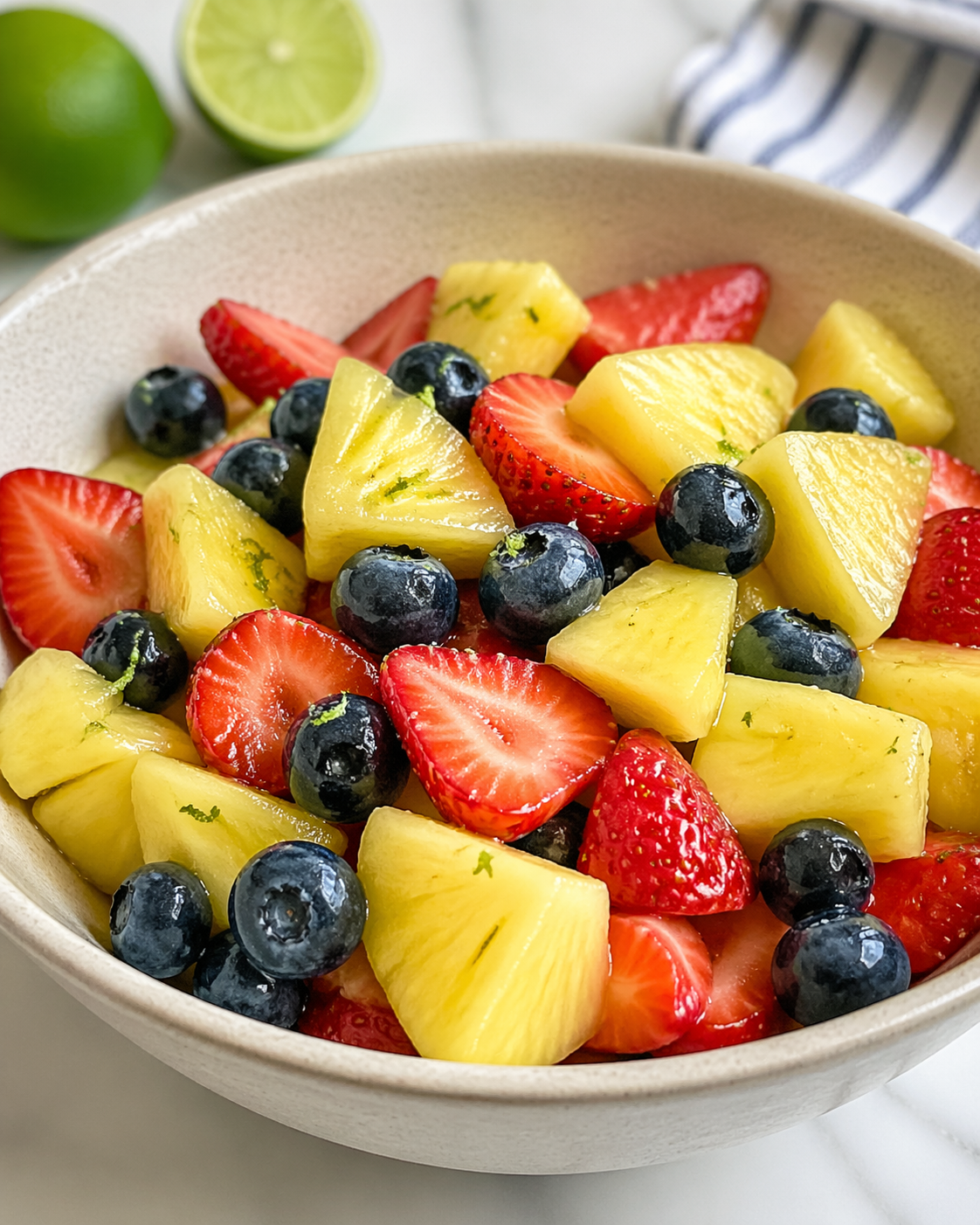 Fresh tropical fruit salad with pineapple chunks, sliced strawberries, and blueberries drizzled with honey and lime juice in a ceramic bowl